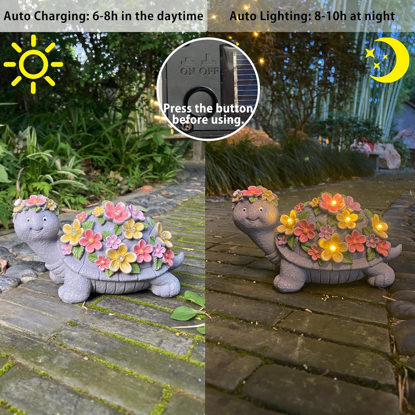 Solar Turtle Statues Garden Decor - Cute Turtle Figurine with Flowers Solar Lights, Tortoise Statue for Outdoor Yard, Lawn, Patio Decoration - Birthday Gifts for Mom Grandma Women