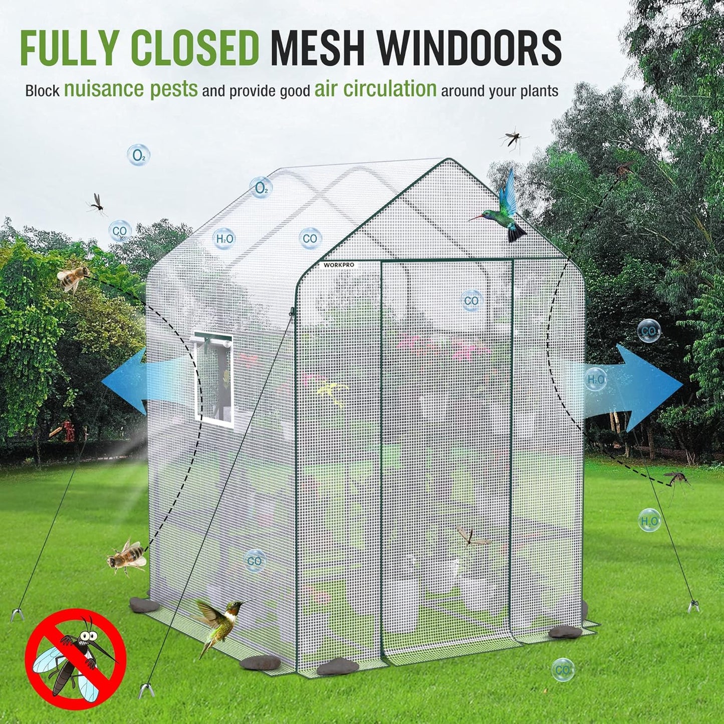 WORKPRO Greenhouse, 56” x 56” x 77” Heavy Duty Walk in Greenhouses for Outdoors with Screen Windows, Thicken PE Cover, 3 Tier 8 Shelves Portable Green House Kit for Patio, Backyard and Porch