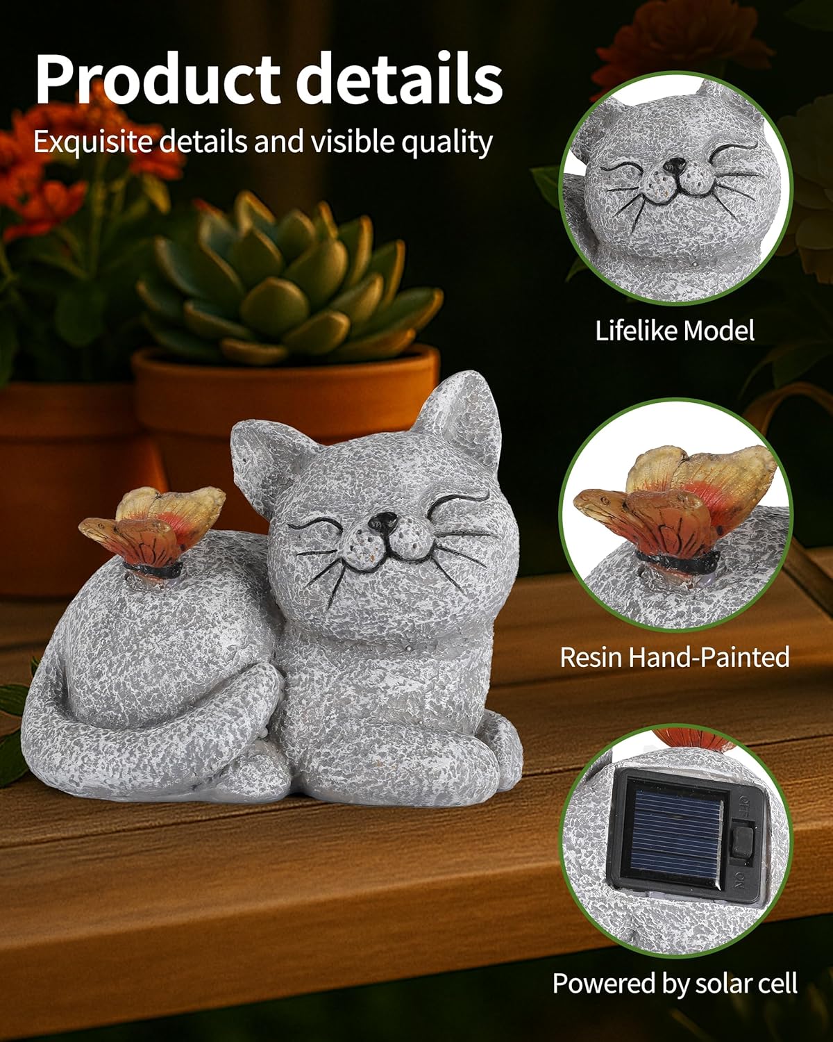 Solar Cat Garden Statue with Butterfly Light – 5-Inch Outdoor Resin Figurine for Yard, Patio, Balcony – Gifts for Women, Garden Decor Accent (Cat)