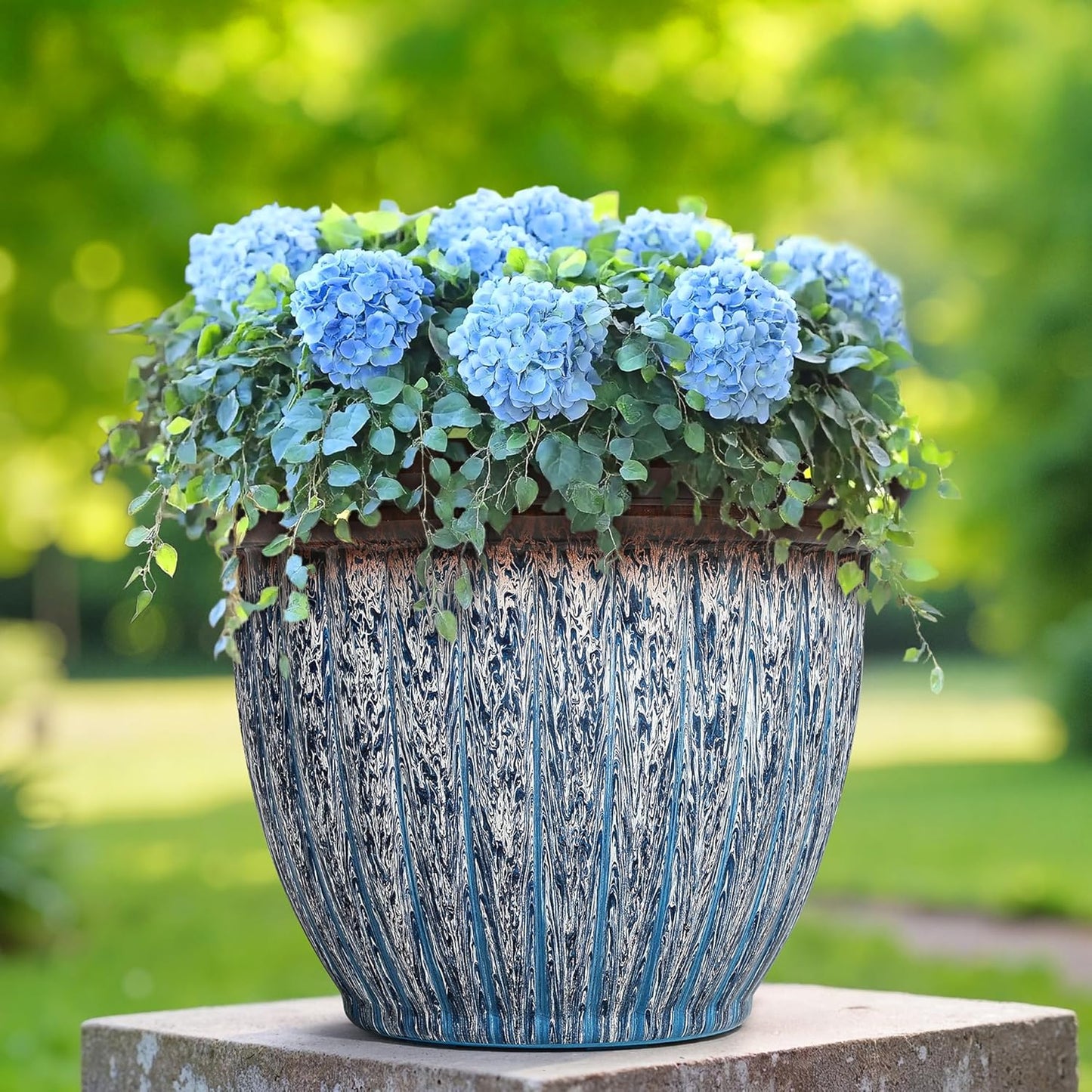 15" D Large Flower Pots, 2-Pack Big Planters for Indoor Outdoor Plants, UV-Protect PP Container for Garden Patio Yard Balcony Porch or Home Decor, Artistic Floating Blue & Brown Glaze