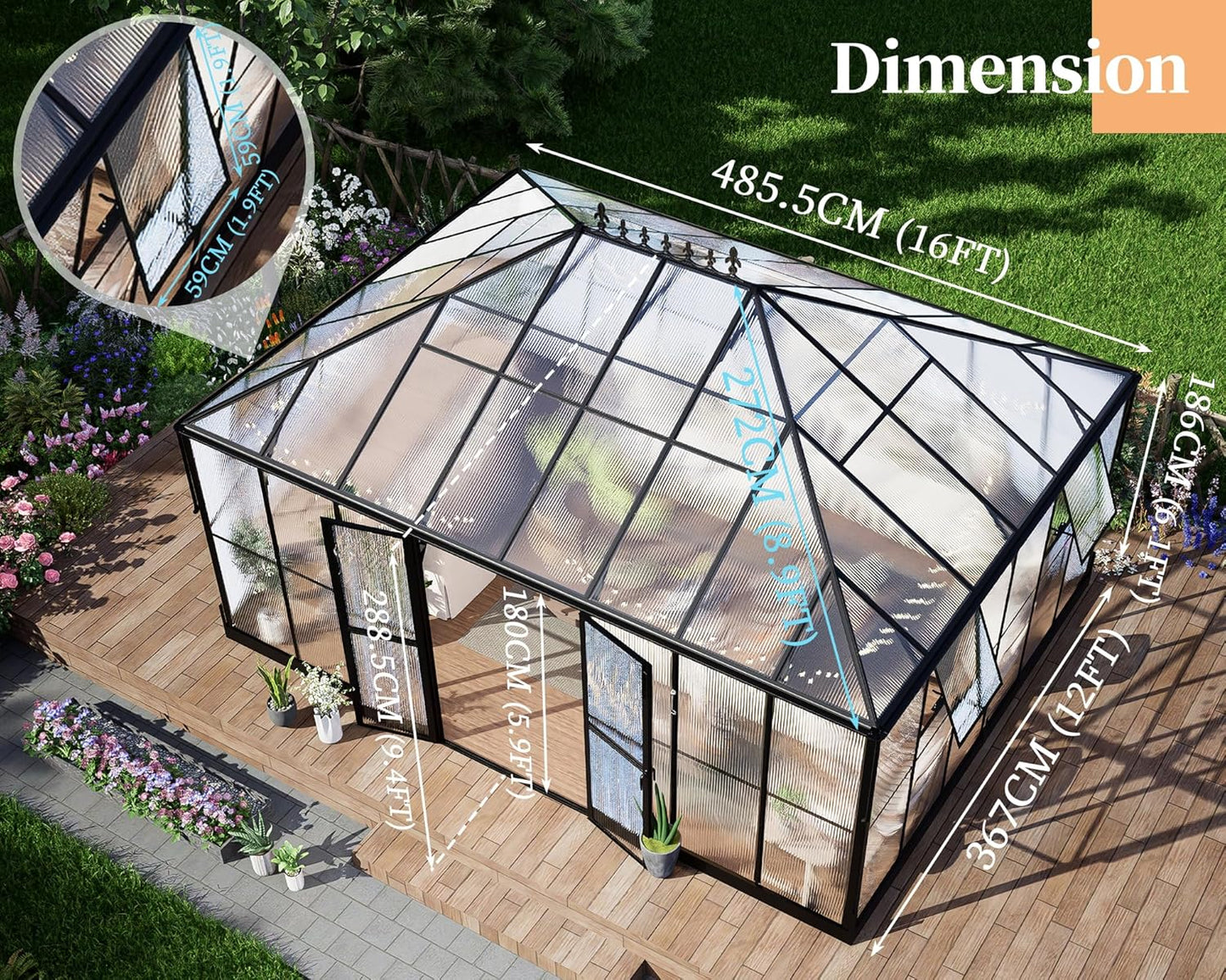 HOWE 16x12x9.5 FT Polycarbonate Greenhouse for Outdoors, Pavilion Style Greenhouse with 4 Vent Windows, Lockable Double Doors, Ideal for Garden & Patio Use, Black