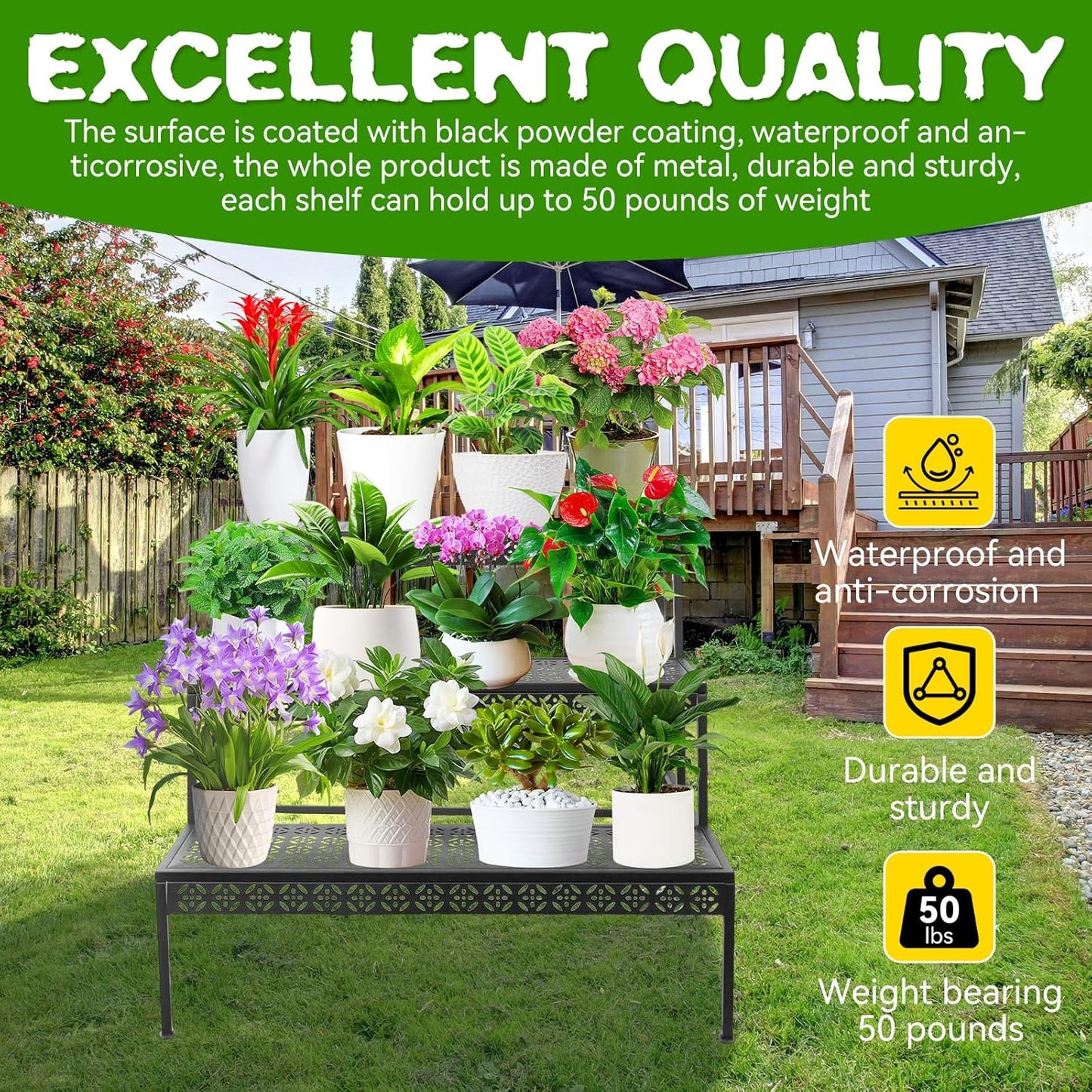 3 Tier Metal Plant Stand, Ladder Flower Pot Holder Plant Stands, Tiered Plant Stand Outdoor Storage Organizer Rack for Home Garden Patio Balcony