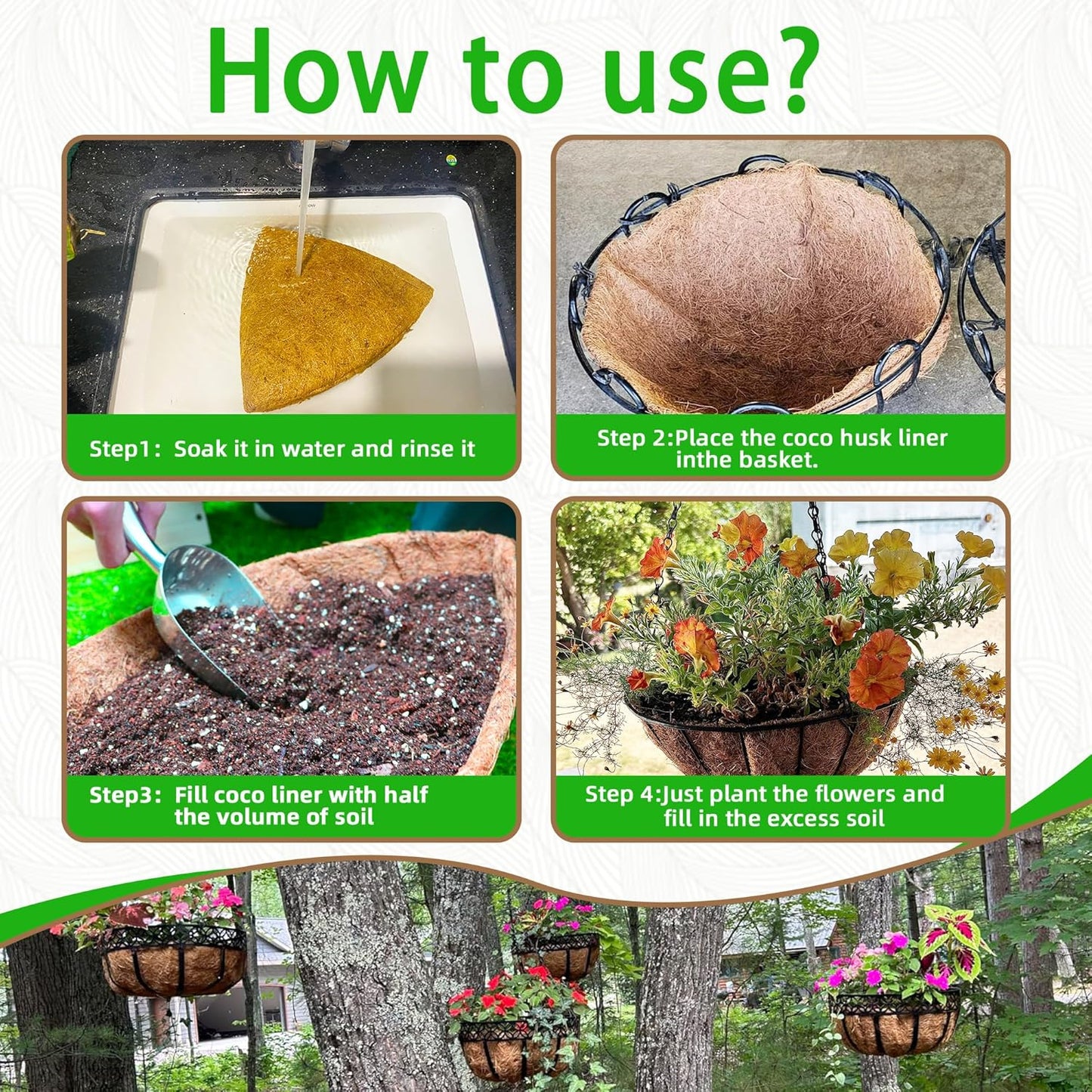 4 Pcs of 16-Inch Hanging Basket Coco Liners Replacement - Natural Round Coconut Fiber Planter Basket Liners for Hanging Basket Flowers