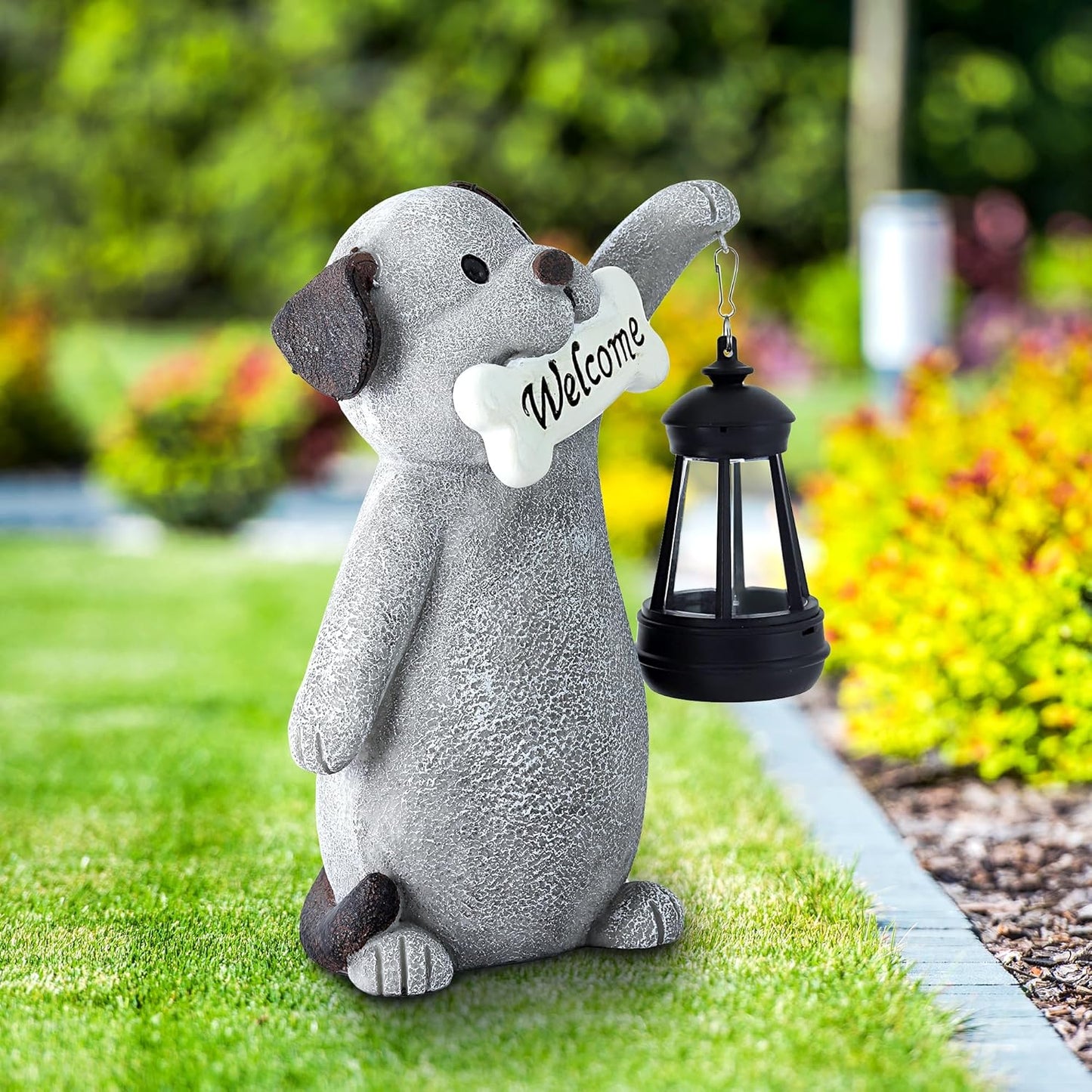 Solar Dog Garden Statue with Lantern Light – 9.2in Outdoor Dog Figurine for Yard Patio Garden Decor, Cute Memorial Gift for Women Mom