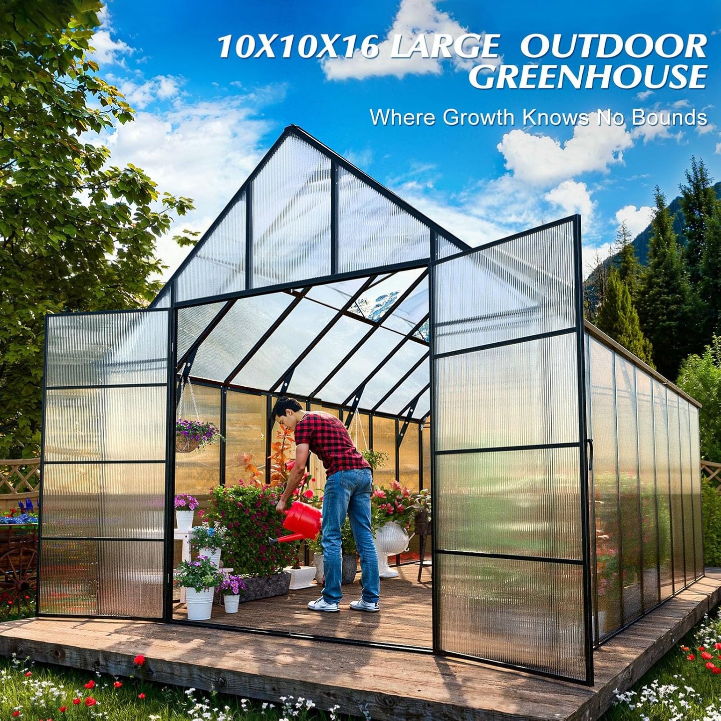 10'x10'x16' Snap-Together Greenhouse - Easy 3-Way Connectors, Heavy-Duty Aluminum Frame, Wind/Snow Resistant for Gardening/Urban Farming, Includes Sliding Door & Ventilation Windows