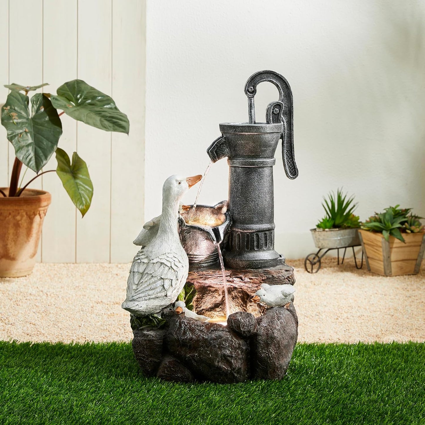 Glitzhome 24" Farmhouse Duck Outdoor Fountain with LED & Pump – 2-Tier Cascading Water Fountain for Outside Garden Decor - Rustic Waterfall for Backyard, Garden, or Patio Decor