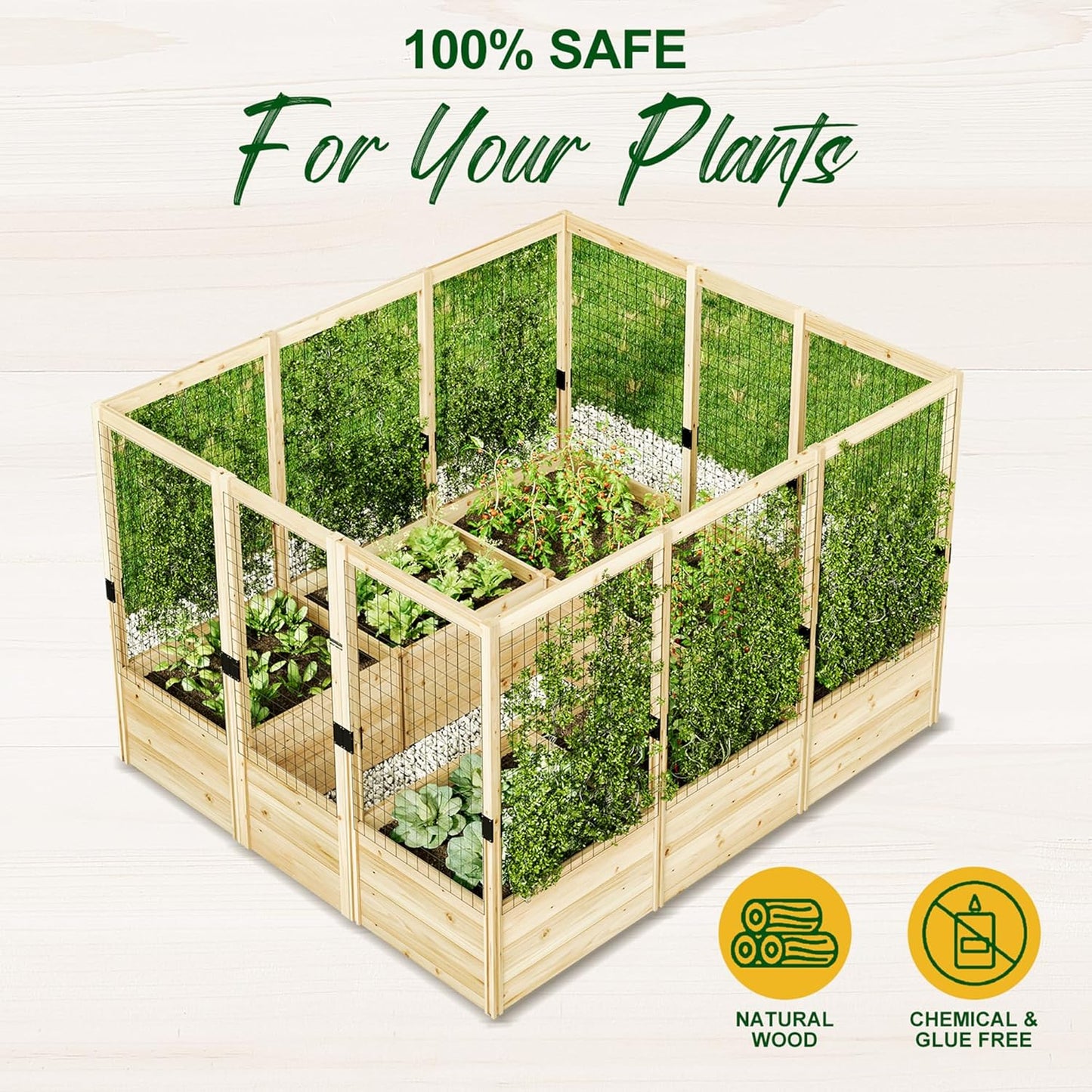 AMERLIFE Raised Garden Bed with Deer Proof Fence, 7.5Wx9Dx6H Outdoor Wooden Raised Garden Bed Planter with 19" Depth Planter Box