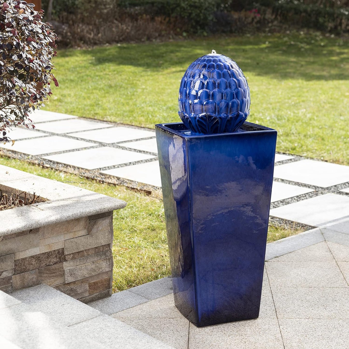 Glitzhome Ceramic Outdoor Water Fountain with LED Light, Oversized Artichoke Pedestal Water Fountains with Submersible Pump, Patio Fountain Waterfall for Garden Patio Deck Porch, Cobalt Blue, 35.75" H
