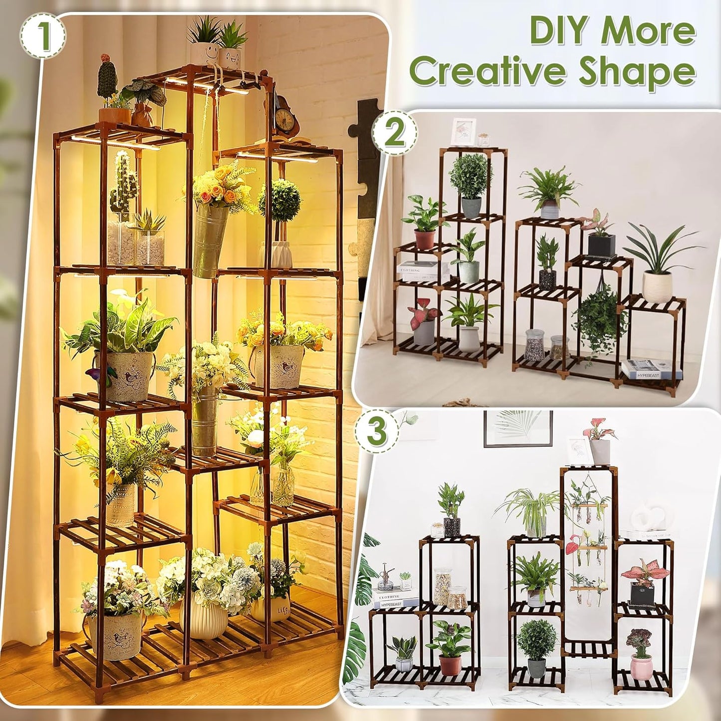 Dreyoo Plant Stand with Grow Lights, Wood Plant Shelf with Full Spectrum Grow Lamp for Indoor Corner, Vintage Multi Layer Lighted Stand for Living Room Balcony Display (13 Tiered Shape)