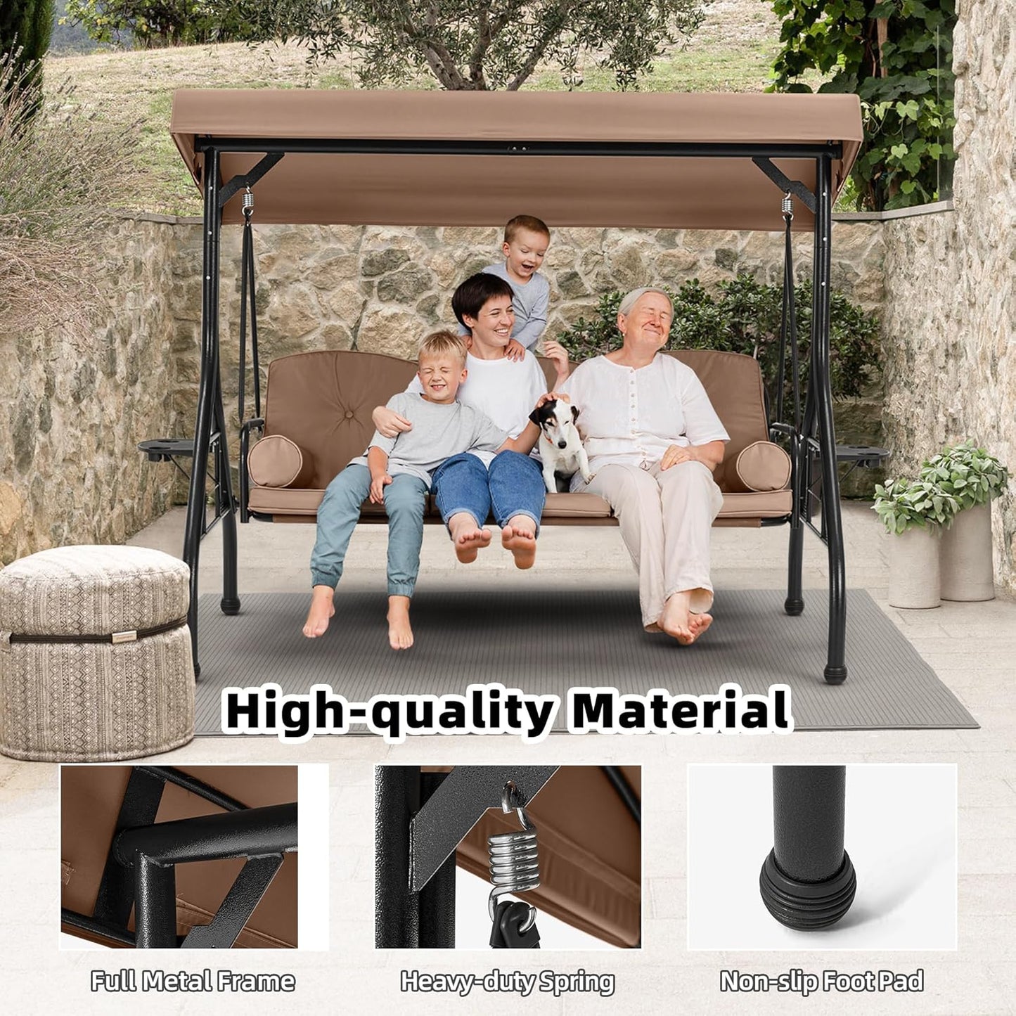 HOMREST 3 Seat Outdoor Porch Swing with Adjustable Canopy, Convertible Patio Swing Bed with Stand, Patio Glider Swing with Upgraded Cup Holder, Thicken Cushions ＆ Pillow for Backyard (Brown)