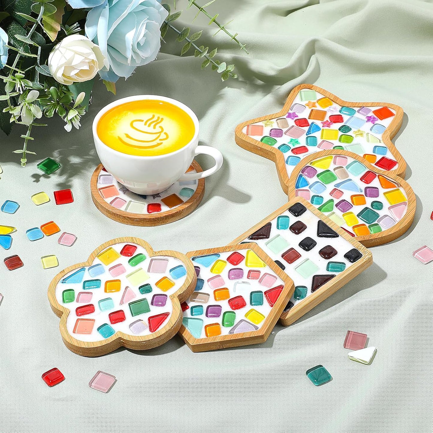 12 Sets DIY Glass Mosaic Tiles for Crafts Mixed Color Mosaic Kits with Wooden Coaster for Adults Handmade Coasters Making Set for Coaster Handmade Home Decoration Gifts