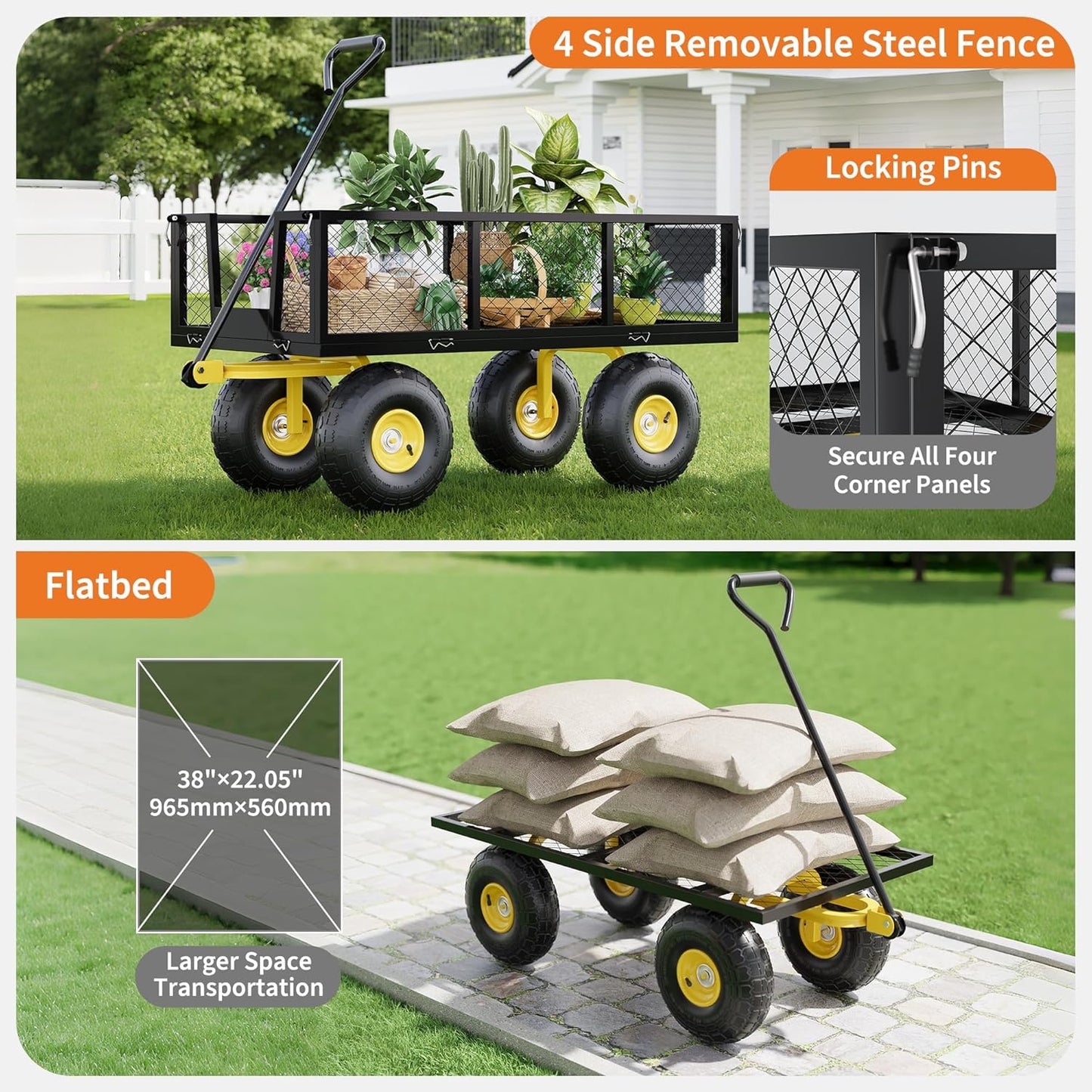 900 Lbs Garden Wagon, 2-in-1 Heavy-Duty Steel Garden Cart, with 10 Inch All-Terrain Tires and Removable Mesh Side Panels, 180° Rotating Handle, Metal Multi-Function Carts, Outdoor Gardens Wagon Cart