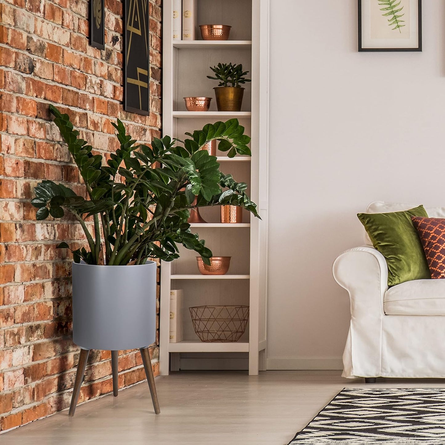 D'vine Dev 14 Inch Planter Pot with Stand, Mid-Century Tall Plant Pot with Legs for Indoor Plants, X-Large, Grey, 88-O-D-3