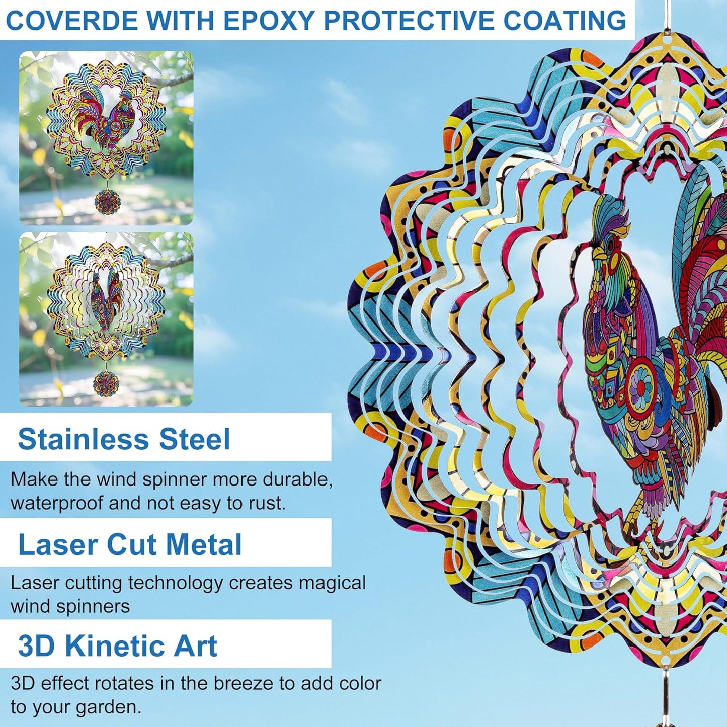 Wind Spinners Outdoor Hanging Rooster - Metal Chicken Gifts for Mom Women Grandma Men, 11.5 Inch 3D Stainless Steel Laser Cut Art Kinetic Wind Spinner for Indoor/Garden Porch Yard Decor