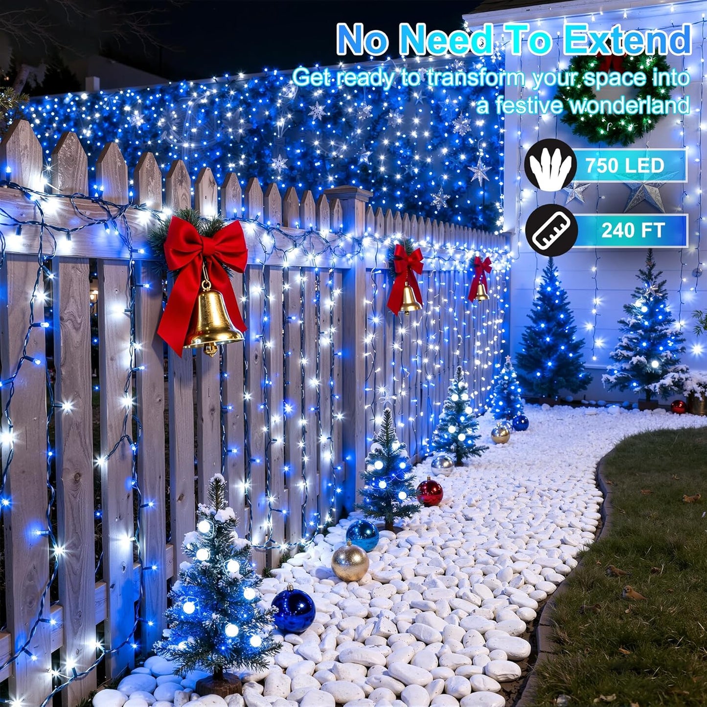 750LED Christmas Lights Outdoor Use, 240ft 12 Modes Blue and Cool White LED String Lights with Timer Dimmable, Waterproof Christmas Tree Lights for Xmas Patio Yard Fence Balcony Garden Decor