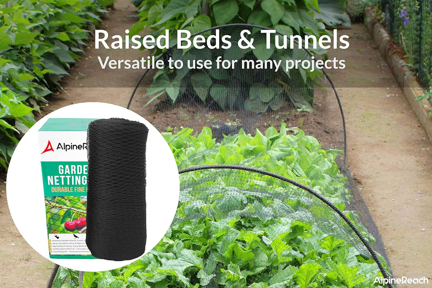 AlpineReach Garden Netting 15 x 50 ft Heavy Duty Bird Net, Deer, Plant Protection Extra Strong Woven Mesh, Reusable Kit with Zip Ties, Animal Fencing for Fruits Trees, Black