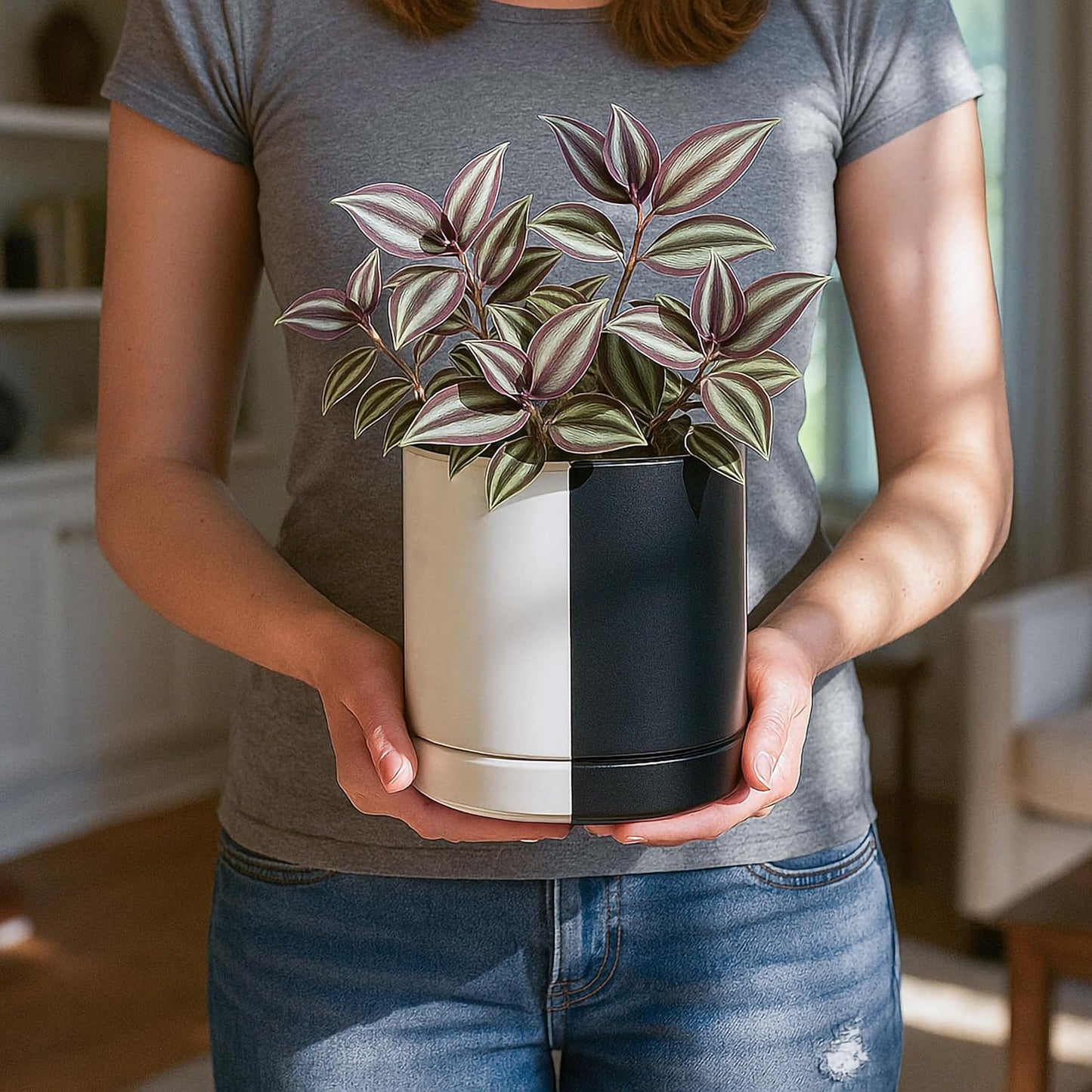D'vine Dev 6.5 Inch Ceramic Planter Pot with Drainage Hole and Saucer, Indoor Cylinder Round Planter Pot, Split Monochrome Black & White, 94-O-C-0