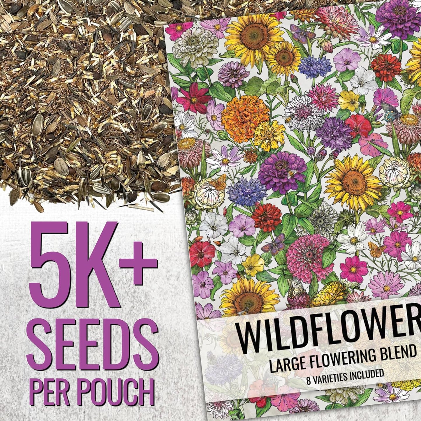 Seed Needs Garden Flower Seeds Large Blooms Mix Hummingbird and Butterfly | 5 Packs (1 Ounce Each) No Filler 7 Varieties Open Pollinated | Resealable Package Live Wild Flower Seed | Bulk