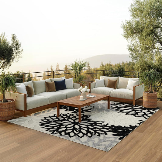 Nourison Aloha Indoor/Outdoor Black White 7' x 10' Area Rug, Tropical, Botanical, Easy Cleaning, Non Shedding, Bed Room, Living Room, Dining Room, Deck, Backyard, Patio (7x10)