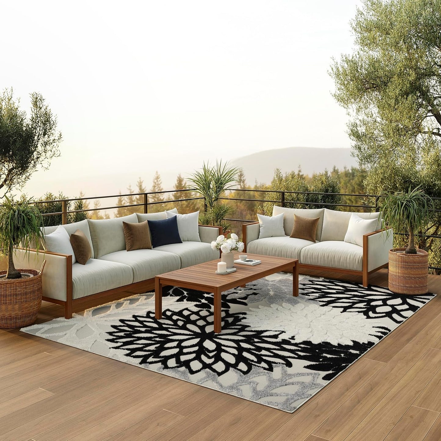 Nourison Aloha Indoor/Outdoor Black White 6' x 9' Area Rug, Tropical, Botanical, Easy Cleaning, Non Shedding, Bed Room, Living Room, Dining Room, Deck, Backyard, Patio (6x9)