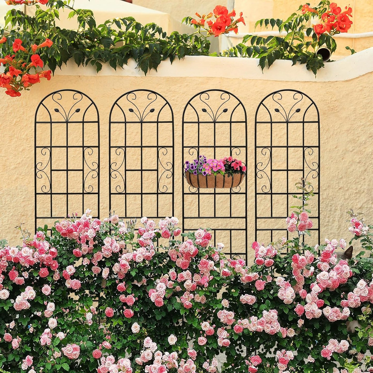 2 Pack Metal Garden Trellis 86.7" Tall Outdoor Climbing Plant Support for Roses, Flowers, Rustproof Durable Black Galvanized Tube, Lawn Garden Fence Decor Screen (2, Black curves-86.7" H)