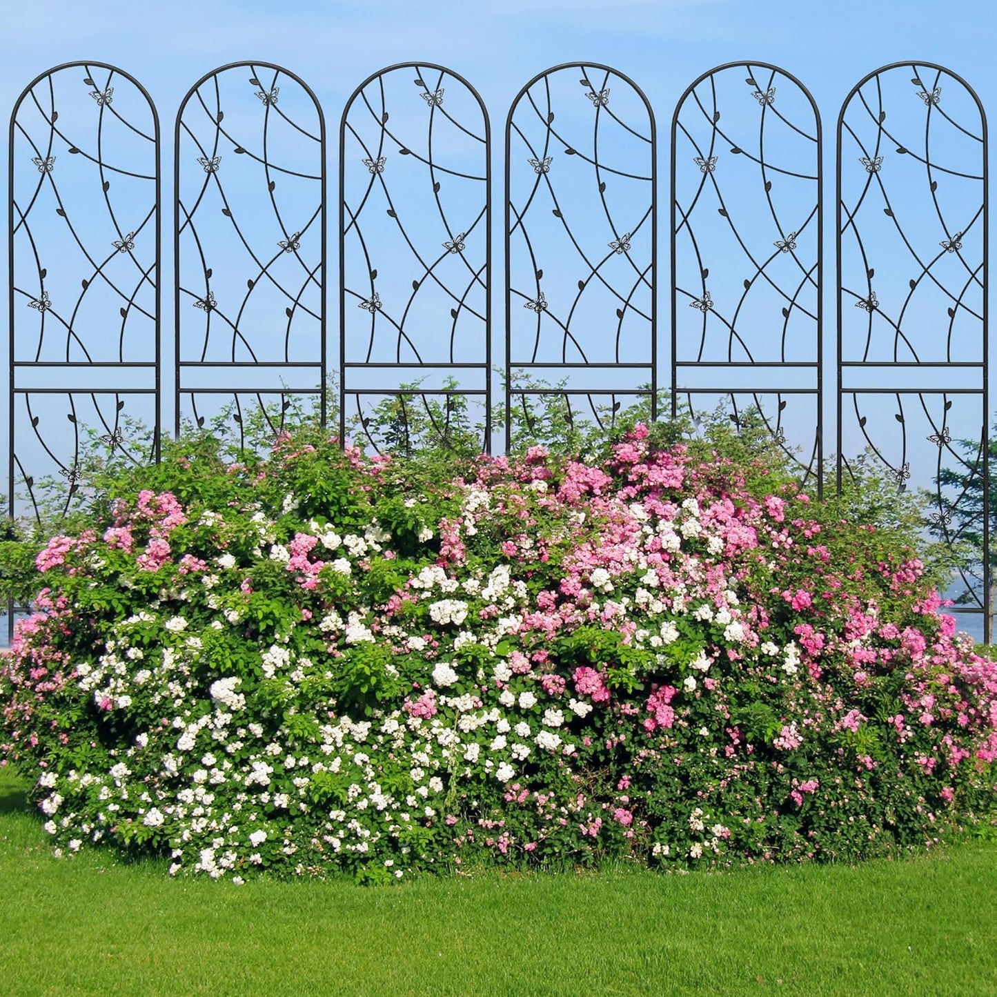 2 Pack Metal Garden Trellis 86.7" Tall Outdoor Climbing Plant Support for Roses, Flowers, Rustproof Durable Black Galvanized Tube, Lawn Garden Fence Decor Screen (2, Black flutter-86.7" H)
