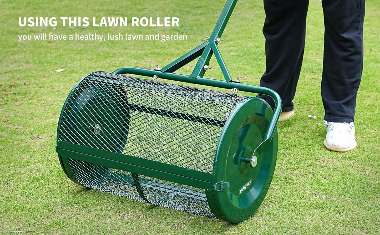 Compost Spreader- 24 inch Peat Moss Roller With improved T shape handle-Lawn & Garden Spreader For Top Dressing Compost, Fertilizer, Mulch And Soil- Strong and Lightweight material for basket