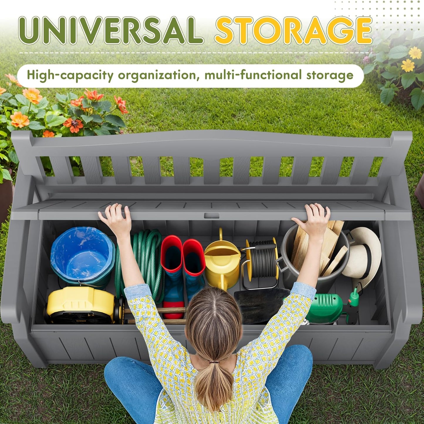 Greesum 80 Gallon Storage Bench Outdoor Deck Box with Armrest, Patio Furniture,Lockable, Waterproof and UV Resistant, Suitable for Garden, Pool, Grey