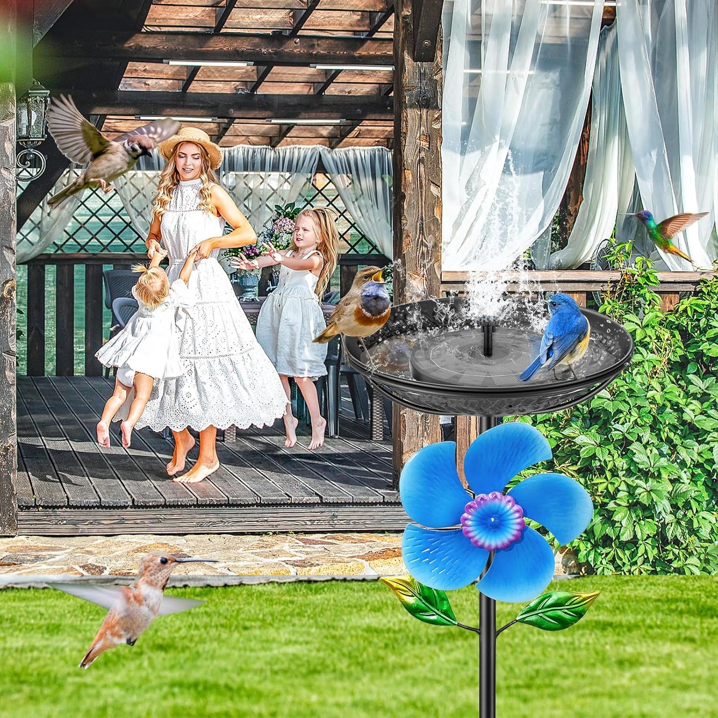 48.8“ Metal Bird Bath for Outside, Detachable Birdbath & Birdfeeder Feeder Bowl with Wind Spinner, Vintage Bird Baths for Outdoors Garden Yard Lawn Decor (Black+Windmill)