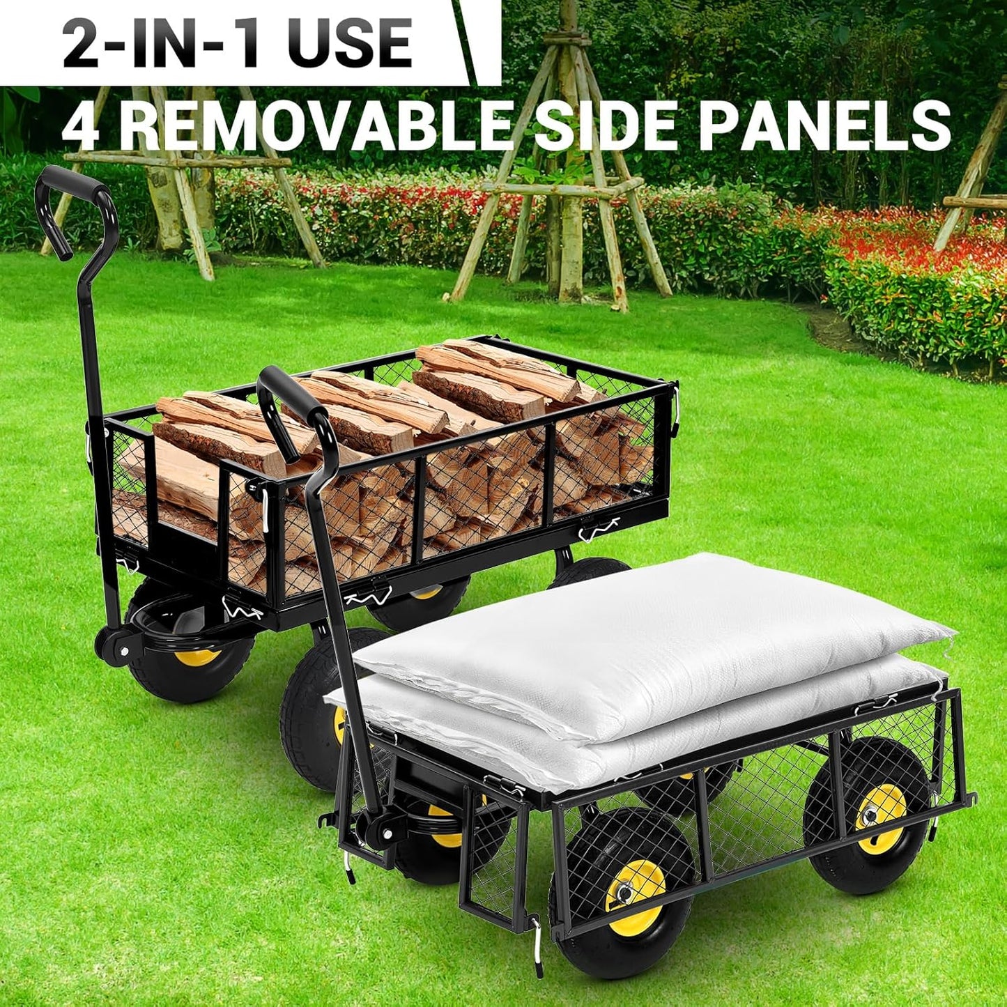 Heavy Duty Steel Garden Cart, 900 LBS 3 in 1 Pullable Metal Garden Wagon with 10" Wheels, 180° Rotating Handle and Removable Sides for Farm, Yard