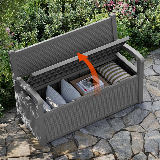 80 Gallon Outdoor Storage Box, Resin Patio Furniture with Armrest, Lockable Deck Box with Waterproof and UV Resistant for Patio Cushions, Garden Tools and Pool Supplies, Grey