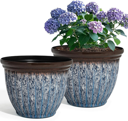 15" D Large Flower Pots, 2-Pack Big Planters for Indoor Outdoor Plants, UV-Protect PP Container for Garden Patio Yard Balcony Porch or Home Decor, Artistic Floating Blue & Brown Glaze