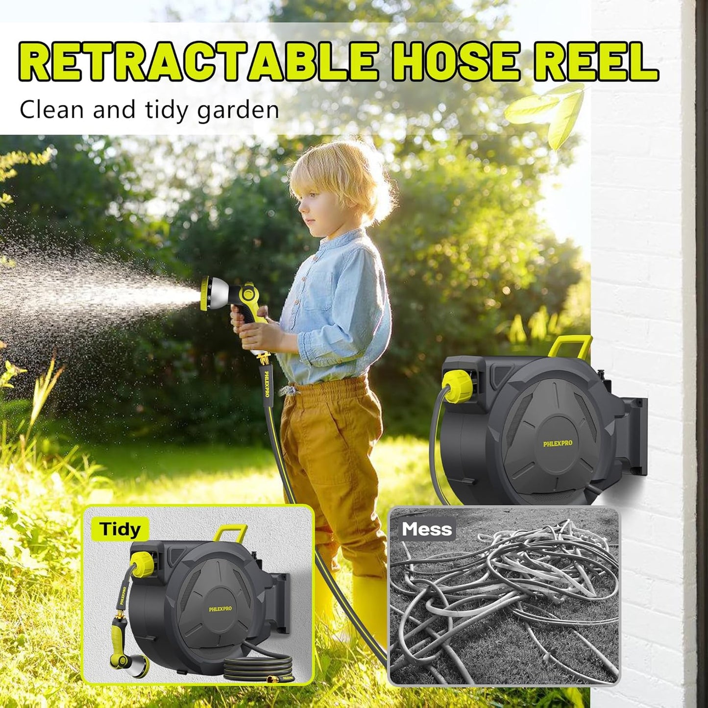 Retractable Garden Hose Reel 160Ft Extra Long, PHLEX PRO Heavy Duty Automatic Water Hose Reel Wall Mounted with 10 Pattern Nozzle, Any Length Lock, Slow Return System, 180°Swivel Bracket