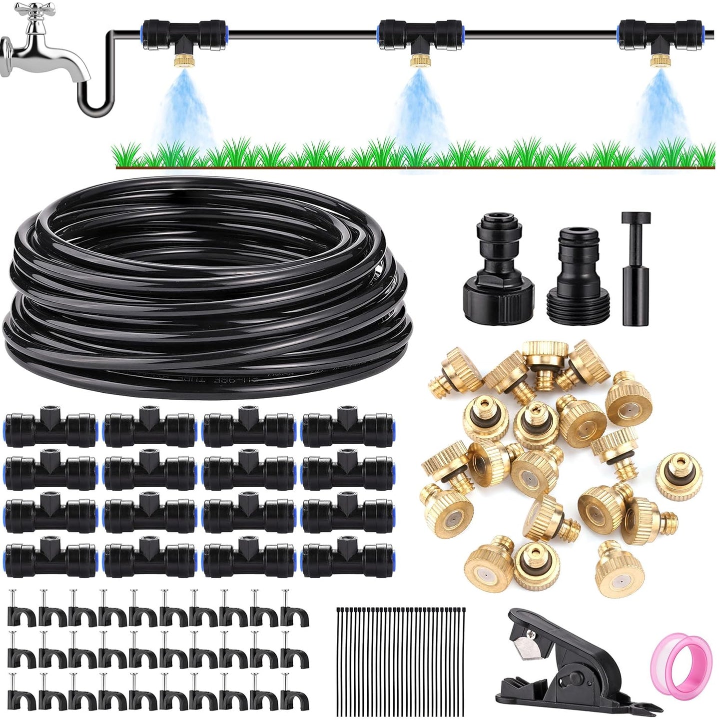 Mornajina Automatic Drip Irrigation Kits Garden Irrigation System, Includes 66FT 1/4 inch Irrigation Tubing Hose & 26Pcs Mist Nozzles Tee & 26Pcs Brass Misting Nozzles for Garden Watering System