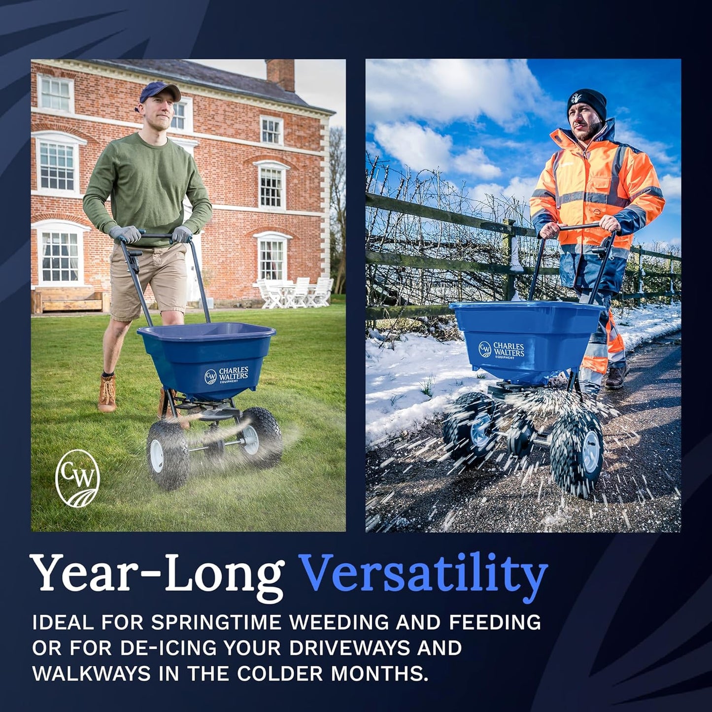 Charles Walters Equipment CW2000 Estate Style Broadcast Spreader for Spreading Fertilizer and Ice Melt on Lawns, Sidewalks, and Driveways, 65lb Capacity, 35" x 35"