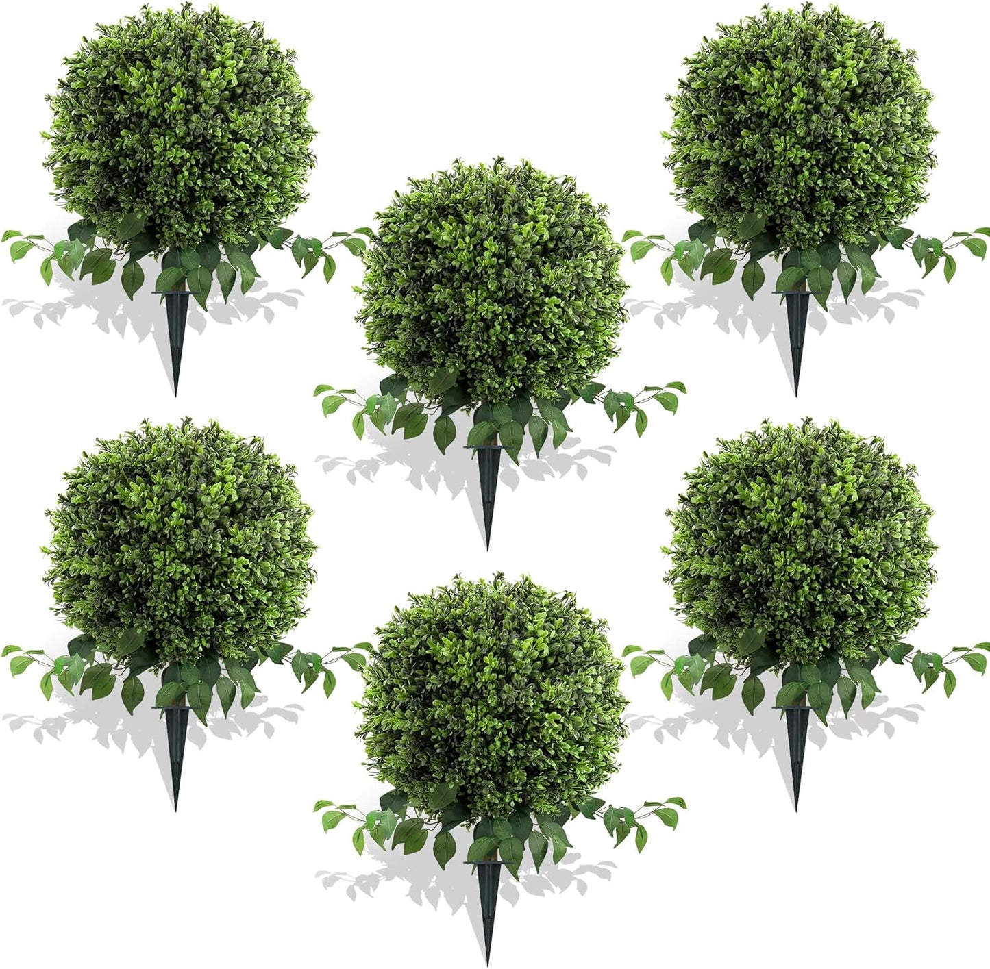 28" Artificial Boxwood Ball Bush, UV Resistant Topiary Tree Faux Boxwood Ball Shaped Porch Bushes with Ground Spike Artificial Bushes for Outdoors Front Door Decor Home Garden (6, Green)