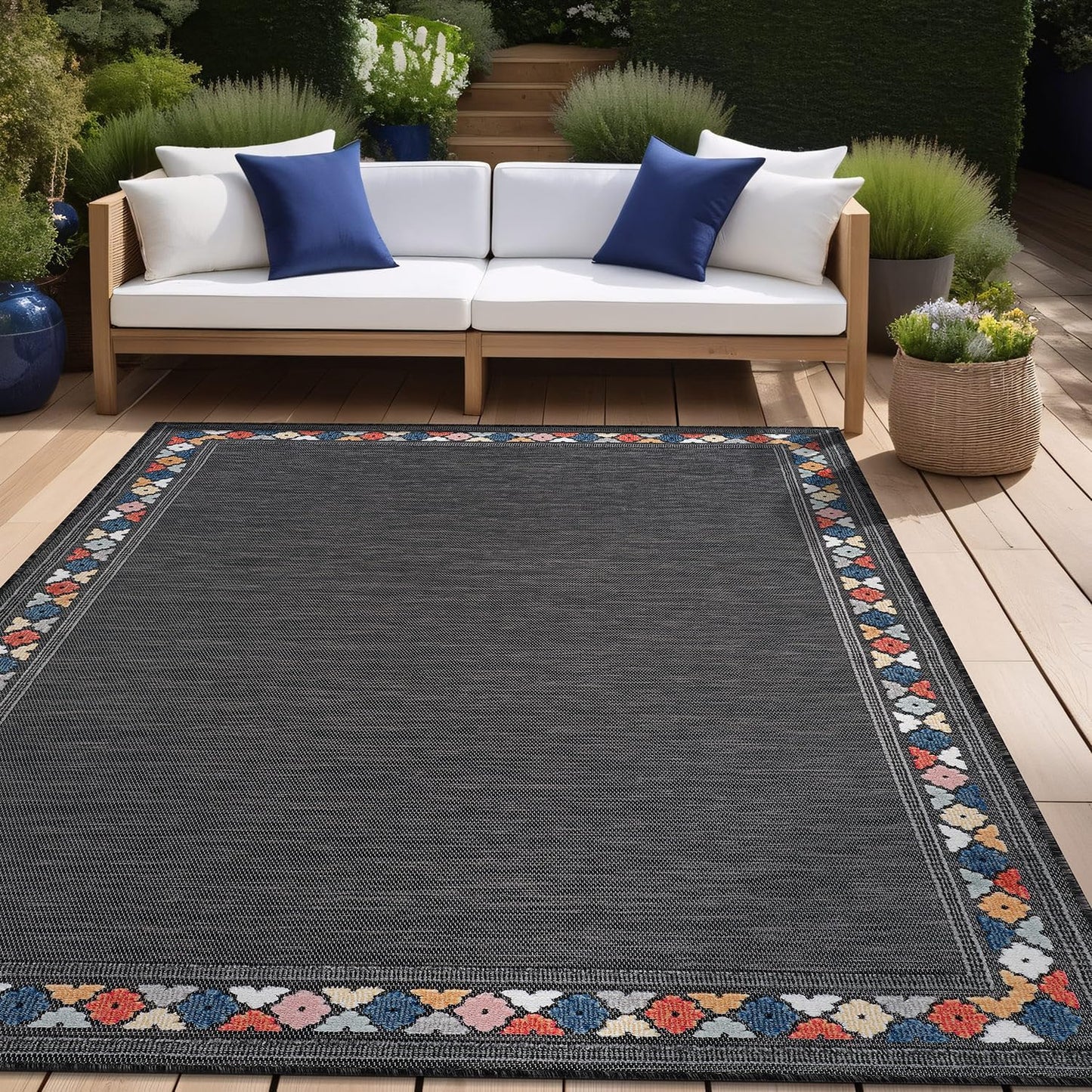 Beverly Rug Outdoor Rug 10x14 Modern Bordered Large Area Rugs for Indoor and Outdoor Patio Easy to Clean Non Shedding Living Room Porch Garden Washable Outside Carpet (10 x 14 Dark Gray)