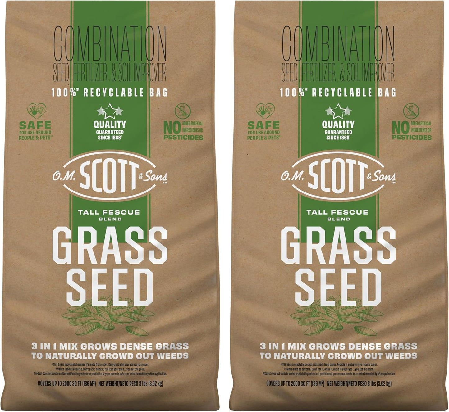 O.M. Scott and Sons Tall Fescue Blend Grass Seed, Fertilizer and Soil Improver, Naturally Crowds Out Weeds, Covers Up to 2,000 sq. ft., 8 lbs., 2-Pack