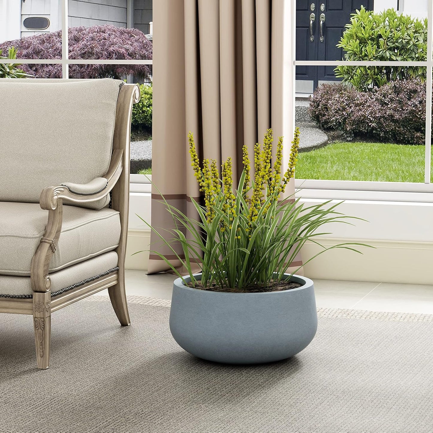 Kante 15.7" Dia Round Concrete Planter, Cement Plant Pots with Drainage Hole and Rubber Plug for Outdoor Indoor Garden Home, Modern Curvaceous Design, Gray