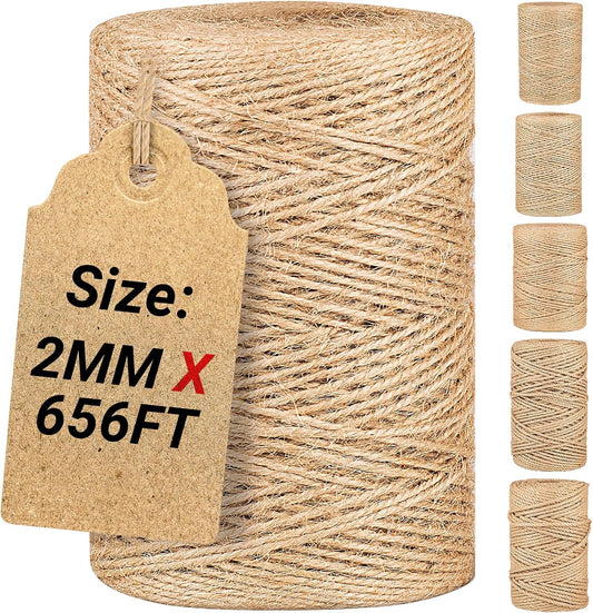Natural Jute Twine String,Bulk Jute Rope Cord Twine for Crafting Gardening,Roll of Thick and Thin Twine for Gift Wrapping,Brown Decorative Rope,Ornament Twine for Cat Scratch Post (2mm x 656ft)