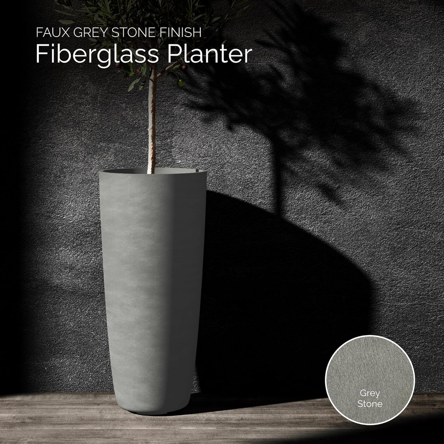 Lofto Tall Planter – Grey Stone Finish – Fiberglass Indoor/Outdoor and Weather-Resistant Large Planter (19.7" D x 43.7" H Exterior, 18.5" D x 43.3" H Interior)