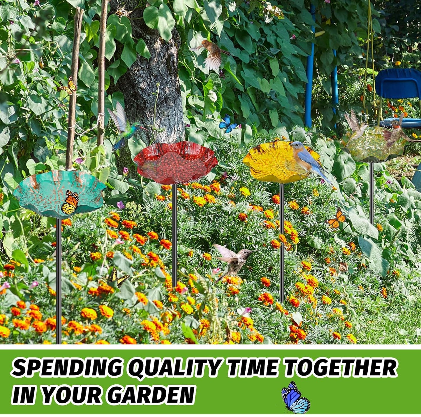 4PCS Hummingbird Bird Bath for Outside, Freestanding Metal Flower BirdBaths Bowl with Stake, Detachable Birdfeeder for Outdoor Yard Lawn Garden Decor (4PCS-Red-Yellow-Blue-Green)