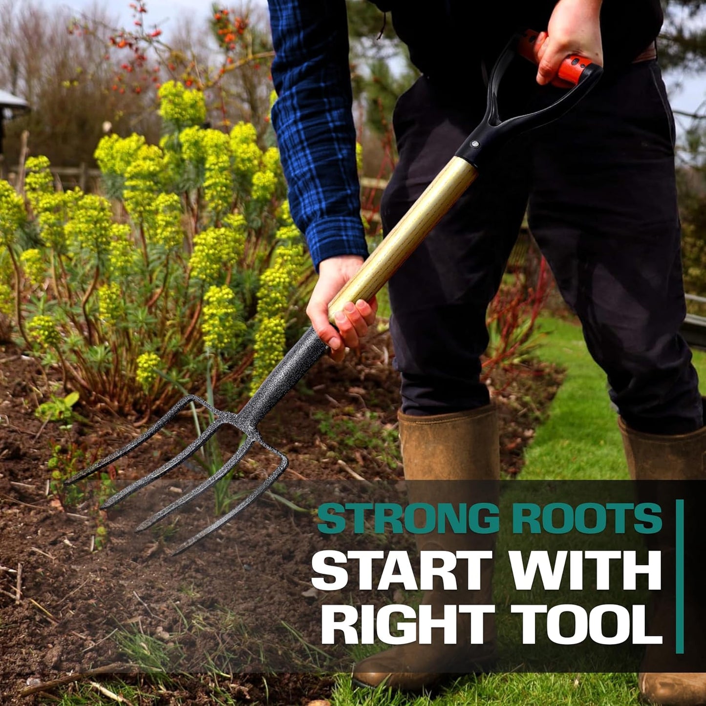 2WAYZ Pitchfork for Gardening - Heavy-Duty Broad Garden Fork - Stainless Border Digging Fork - Wood and Steel Pitch Fork- Durable, Rugged, Professional Quality Tool - 40.6 x 7.1 inch (Black and Red)