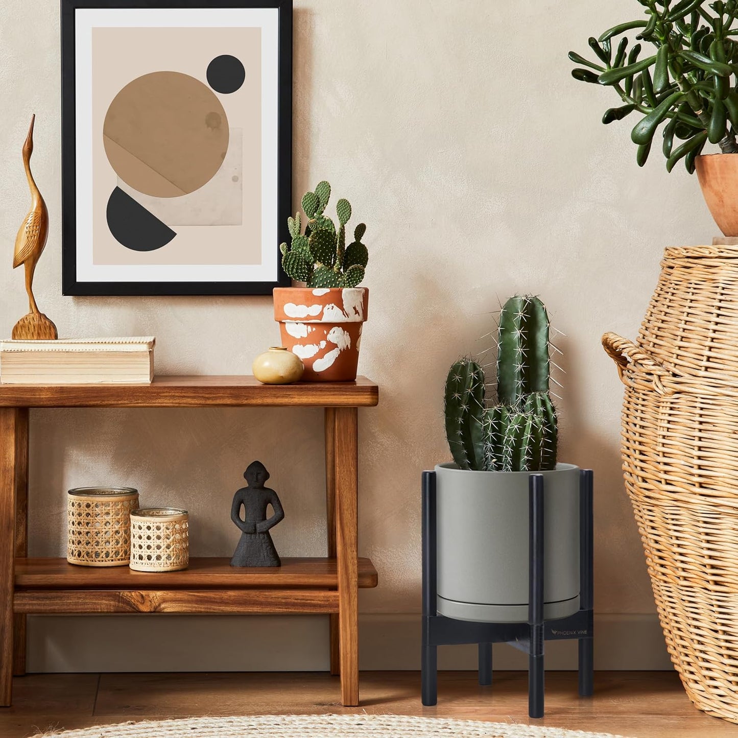 D'vine Dev Ceramic Planter with Ebony Stand - 10 Inch Modern Round Flower Pot with Wood Planter Holder, Grey, 55-B-L-3