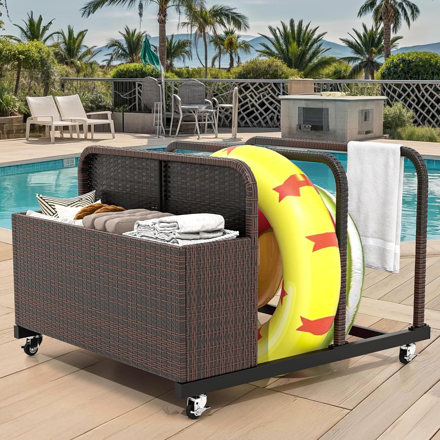 DWVO Pool Float Storage, Pool Storage Bin with PE Rattan,Pool Storage for cushions, Floaties, Noodles, Life Vests, Beach Balls, Patio Furniture (Brown)