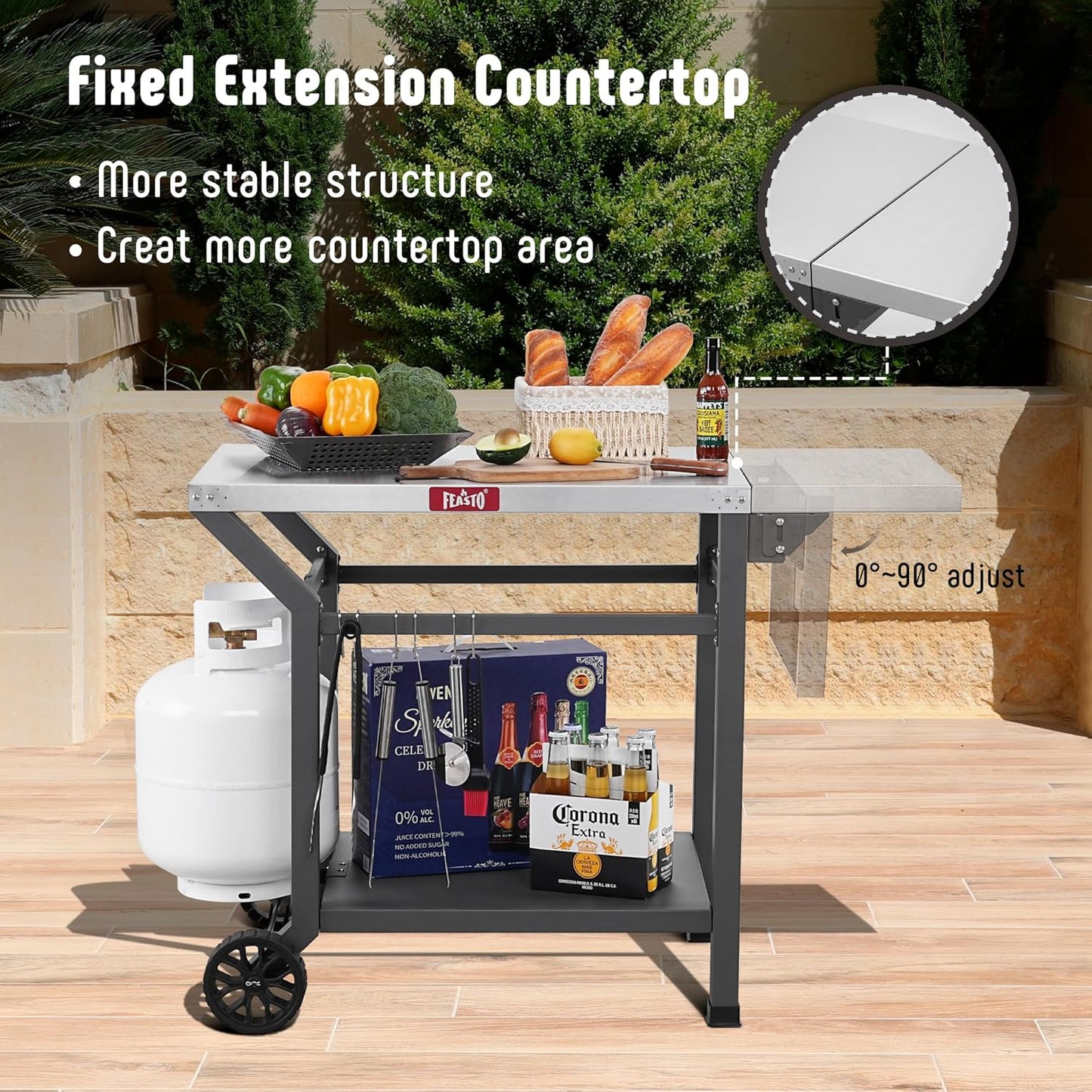 Outdoor Grill Table, 40’’x20’’ Movable Pizza Oven Table with Wheels, Stainless Steel Countertop Grill Cart with Storage Shelf & Foldable Extension, 6 Extra Hooks,for BBQ Food Prep