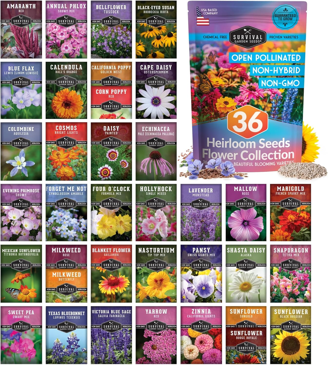 Survival Garden Seeds Functional Flower Garden Kit | 36 Pack Seed Starter Collection | Bee, Butterfly, Hummingbird, Pollinator-Friendly Blooms | Non-GMO Heirloom Beneficial Flowers & Wildflowers