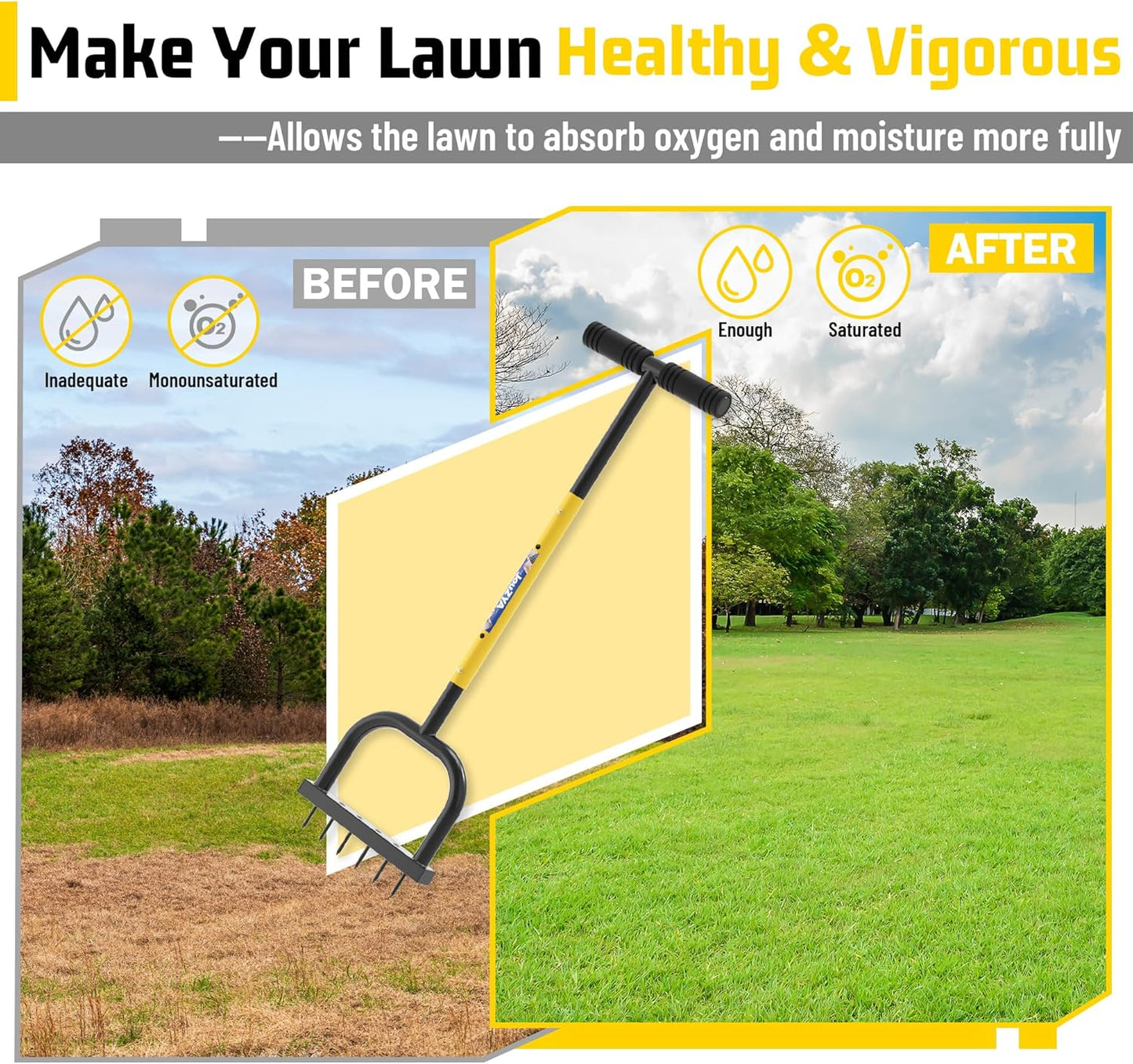 Lawn Aerator Tool, Lawn Aerator with six 6mm Extra-Large Spikes, Clears Leaves and Dirt, Metal Hand Aerator for loosening Soil, aerates Patio and Garden