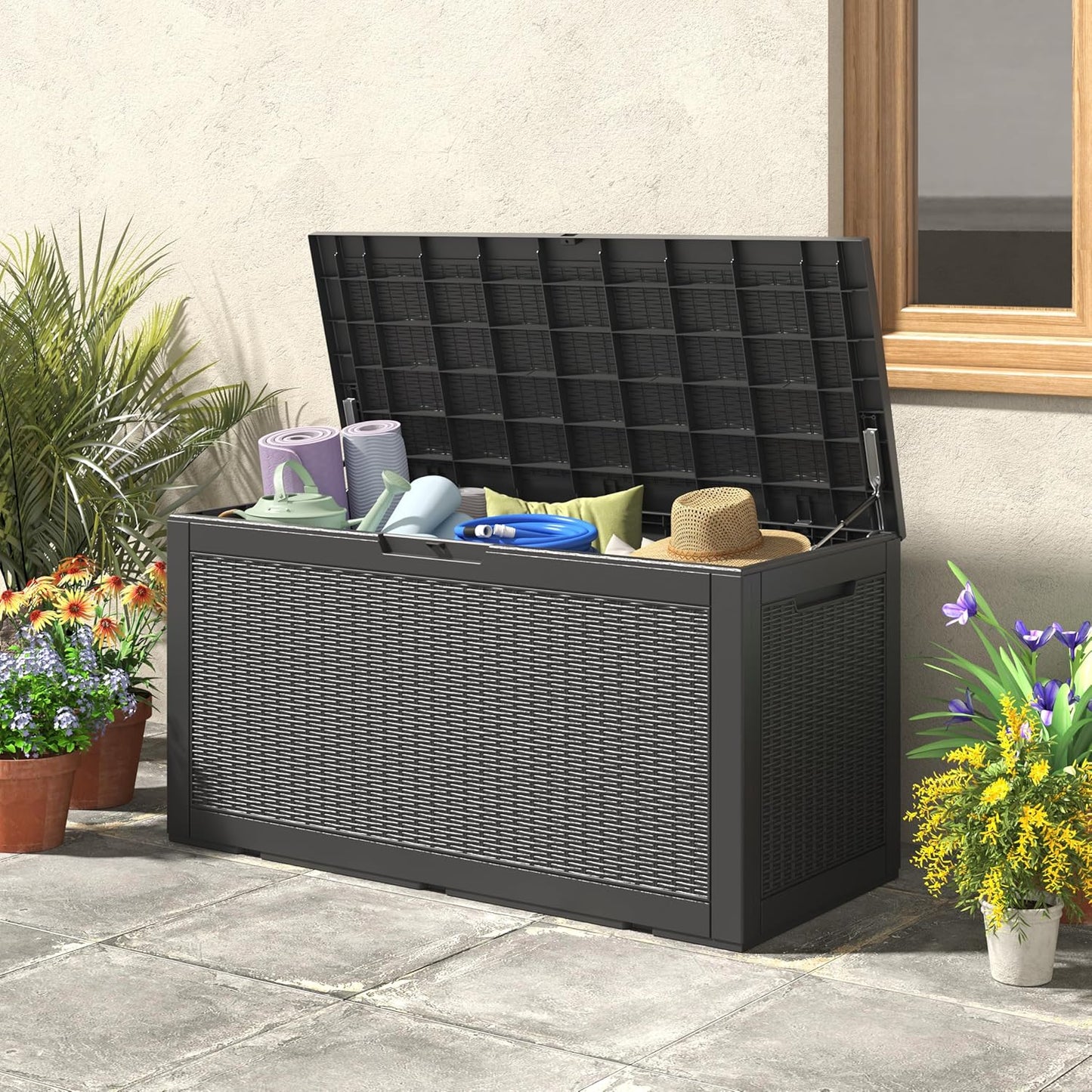 NUNU LAB 102 Gallon Large Waterproof Resin Deck Box, Lockable Outdoor Storage Box with Gas Lift, Patio Cushions, Garden Tools, Pool Supplies, Indoor Outdoor Storage Container, Black
