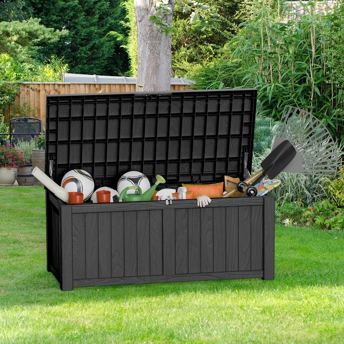 150 Gallon Waterproof Large Resin Deck Box Indoor/Outdoor Lockable Storage Container and Seating for Garden, Pool, and Patio (150 Gallon, Black)